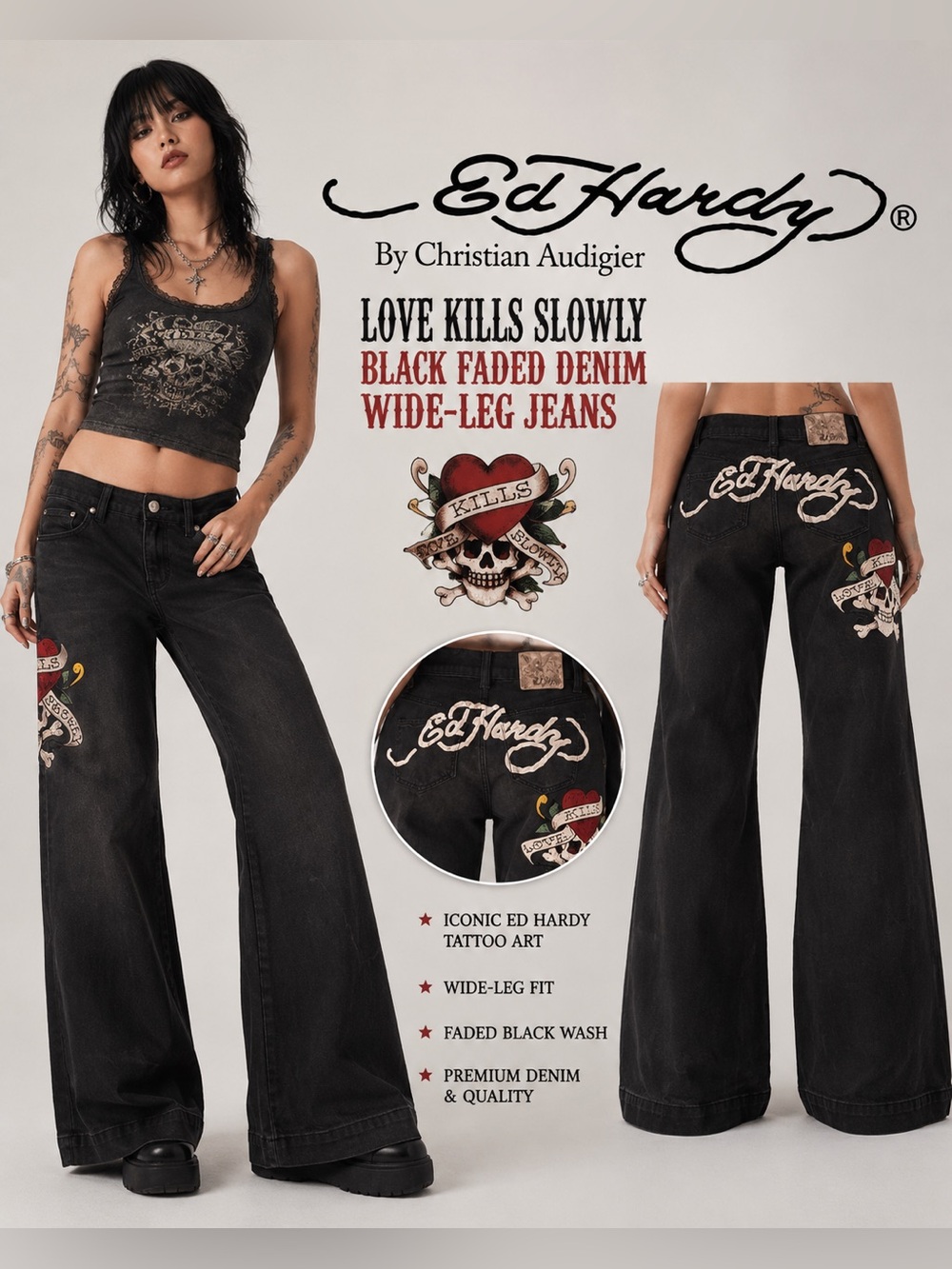 Ed Hardy - Love Kills Slowly Black Faded Denim Wide-Leg Jeans